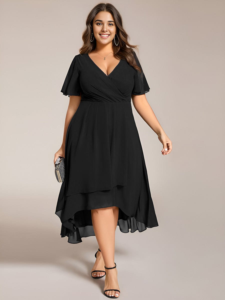 Plus Size Chiffon Short Sleeve High-Low Wedding Guest Dress #color_Black