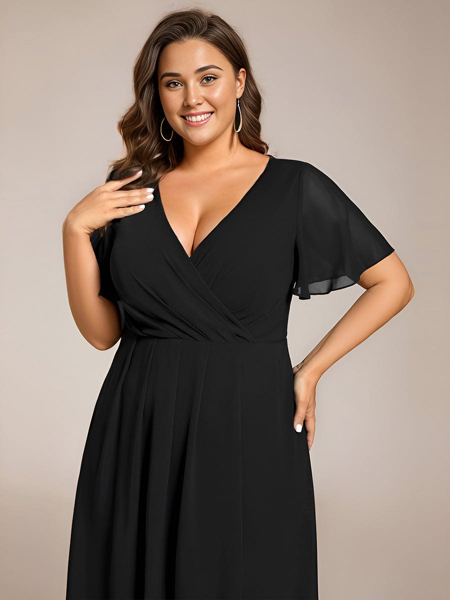 Custom Size Chiffon Elegance Short Sleeve High-Low Wedding Guest Dress #color_Black