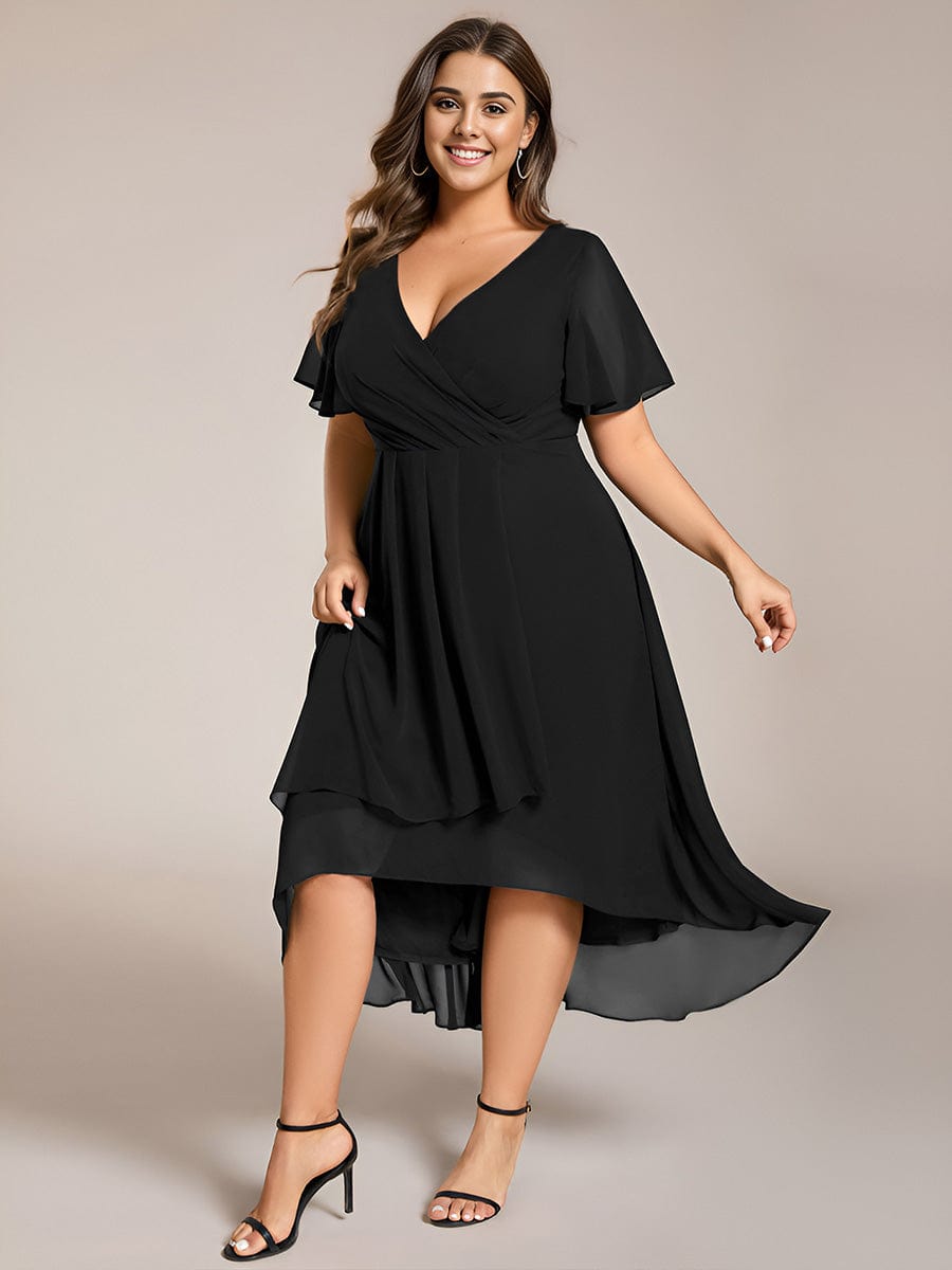 Plus Size Chiffon Short Sleeve High-Low Wedding Guest Dress #color_Black