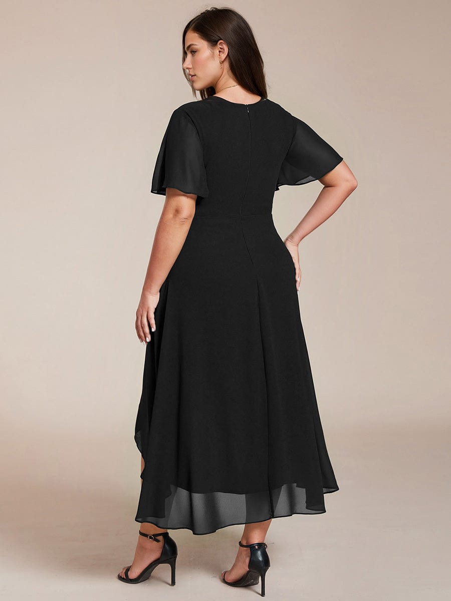 Chiffon Elegance Short Sleeve High-Low Wedding Guest Dress #color_Black