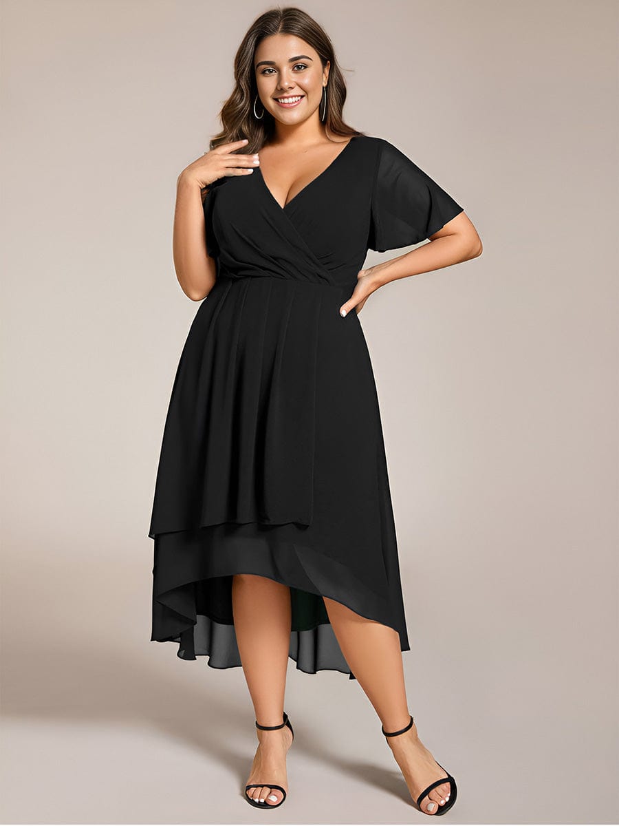 Plus Size Chiffon Short Sleeve High-Low Wedding Guest Dress #color_Black