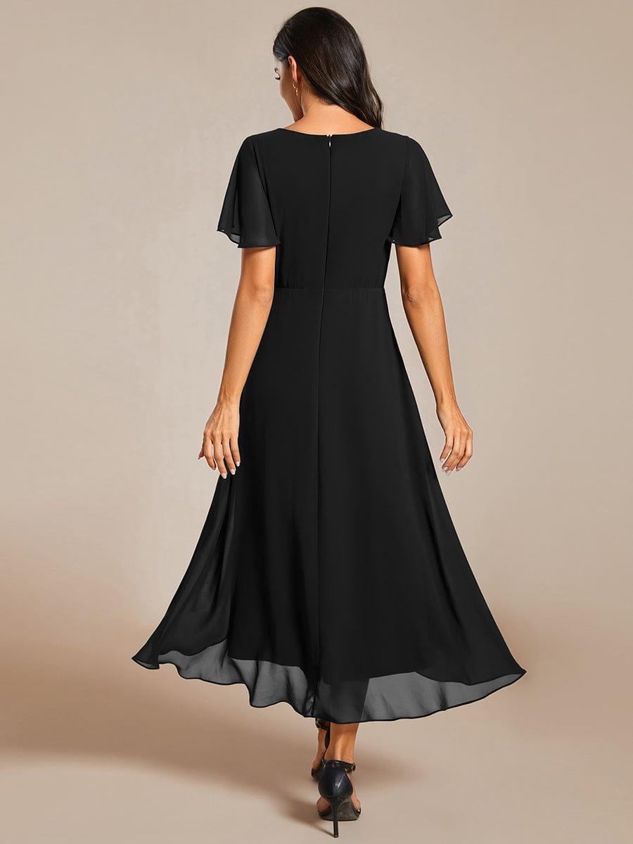 Custom Size Chiffon Elegance Short Sleeve High-Low Wedding Guest Dress #color_Black