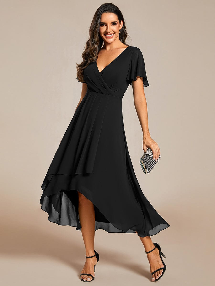 Chiffon Elegance Short Sleeve High-Low Wedding Guest Dress #color_Black