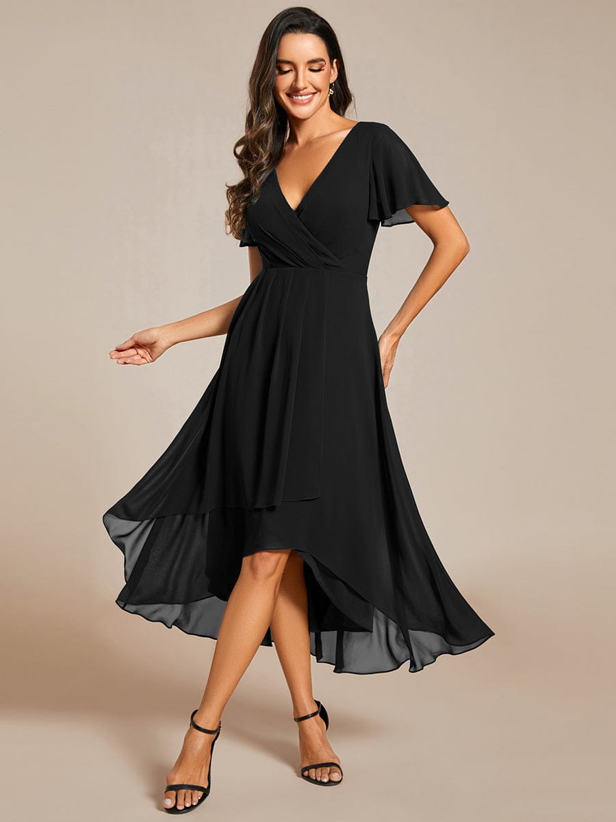 Custom Size Chiffon Elegance Short Sleeve High-Low Wedding Guest Dress #color_Black