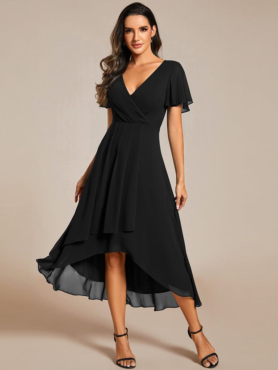 Chiffon Elegance Short Sleeve High-Low Wedding Guest Dress #color_Black