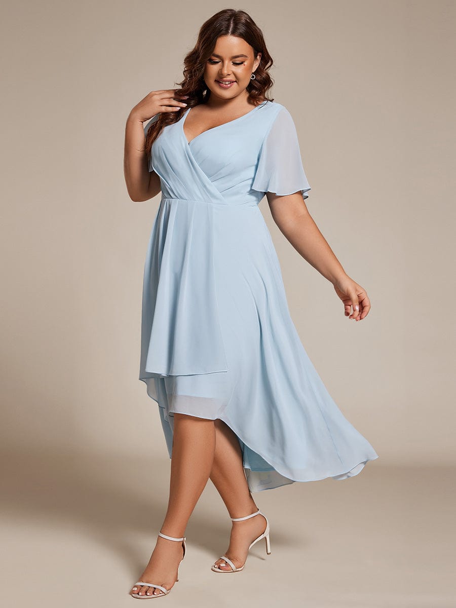 Plus Size Chiffon Short Sleeve High-Low Wedding Guest Dress #color_Sky Blue