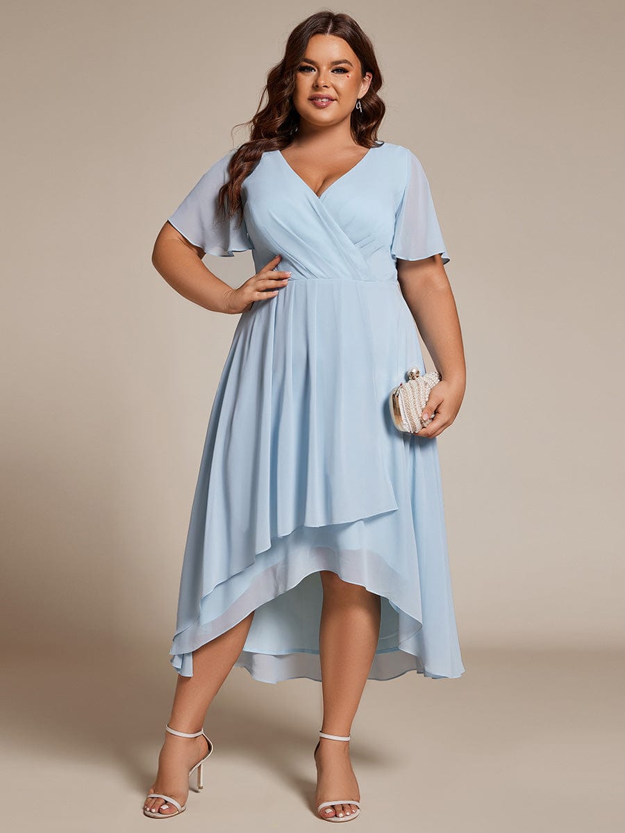 Plus Size Chiffon Short Sleeve High-Low Wedding Guest Dress #color_Sky Blue