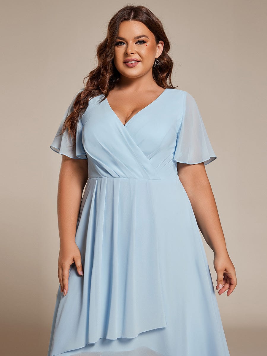 Custom Size Chiffon Elegance Short Sleeve High-Low Wedding Guest Dress #color_Sky Blue