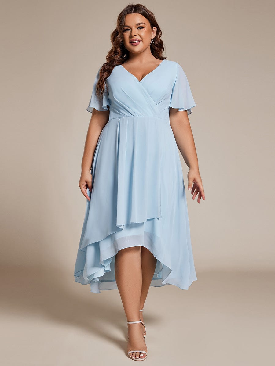 Custom Size Chiffon Elegance Short Sleeve High-Low Wedding Guest Dress #color_Sky Blue