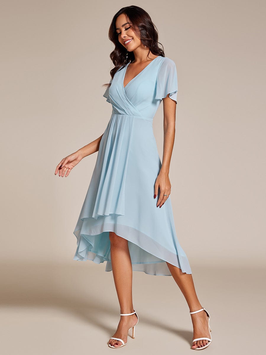 Chiffon Elegance Short Sleeve High-Low Wedding Guest Dress #color_Sky Blue