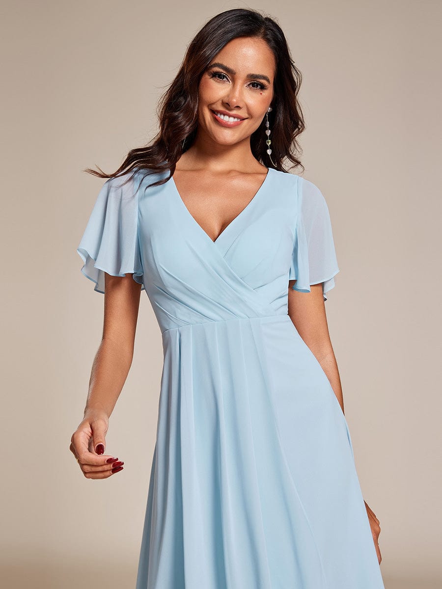 Chiffon Elegance Short Sleeve High-Low Wedding Guest Dress #color_Sky Blue