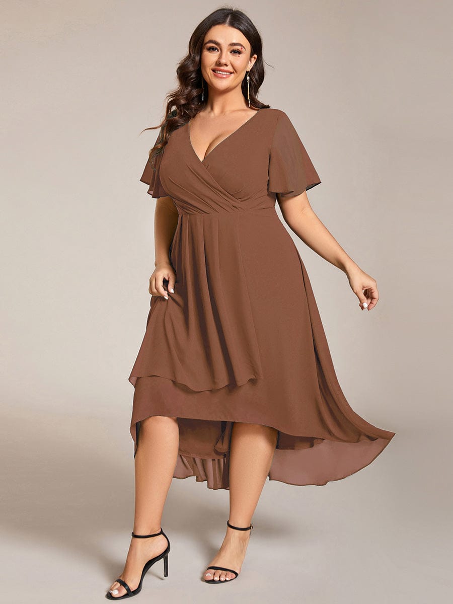 Custom Size Chiffon Elegance Short Sleeve High-Low Wedding Guest Dress #color_Brown