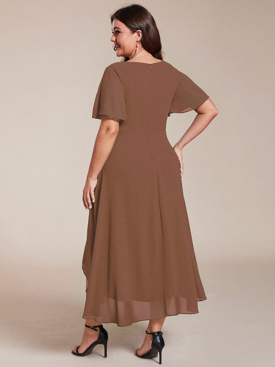 Custom Size Chiffon Elegance Short Sleeve High-Low Wedding Guest Dress #color_Brown