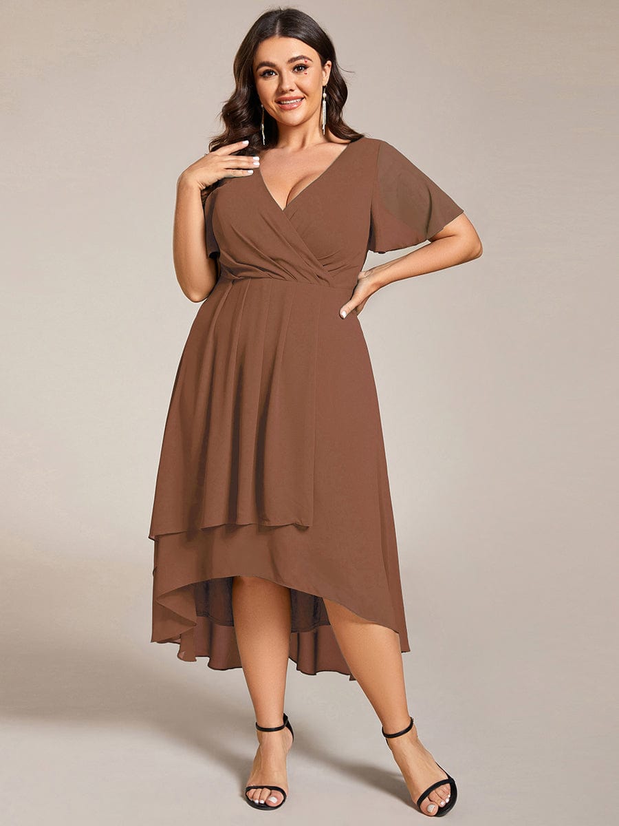 Custom Size Chiffon Elegance Short Sleeve High-Low Wedding Guest Dress #color_Brown