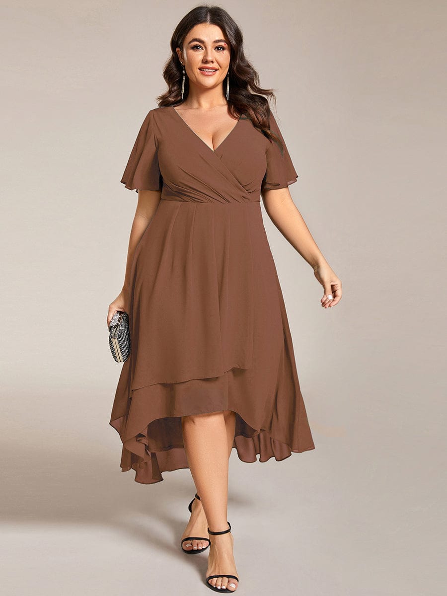 Custom Size Chiffon Elegance Short Sleeve High-Low Wedding Guest Dress #color_Brown