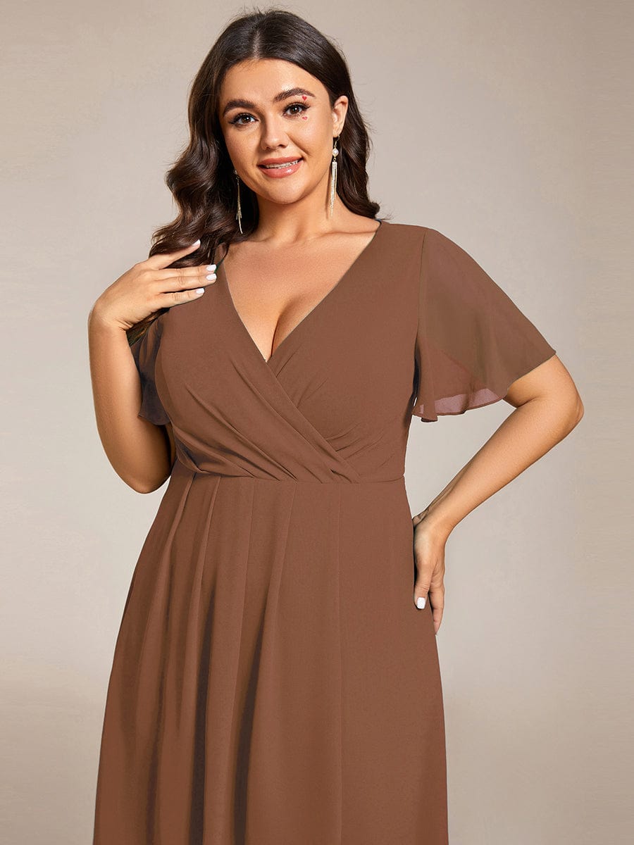 Custom Size Chiffon Elegance Short Sleeve High-Low Wedding Guest Dress #color_Brown