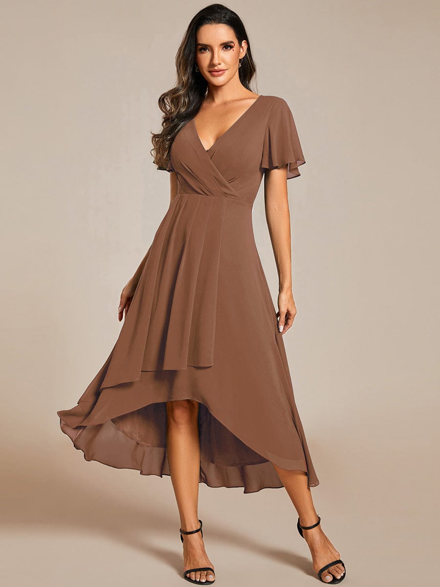 Custom Size Chiffon Elegance Short Sleeve High-Low Wedding Guest Dress #color_Brown