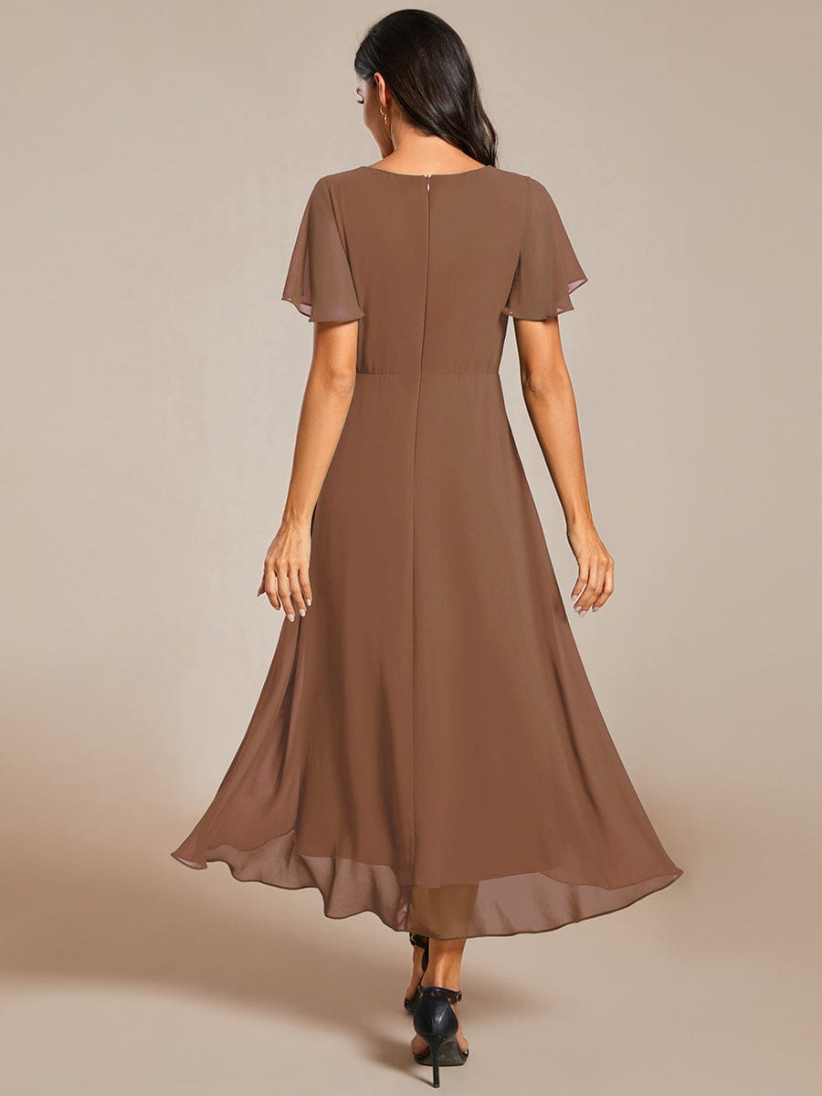 Custom Size Chiffon Elegance Short Sleeve High-Low Wedding Guest Dress #color_Brown