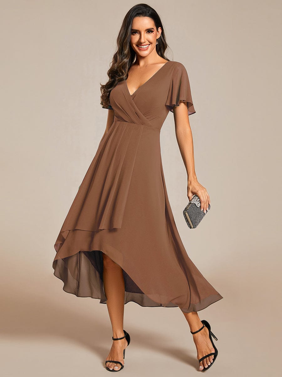 Custom Size Chiffon Elegance Short Sleeve High-Low Wedding Guest Dress #color_Brown