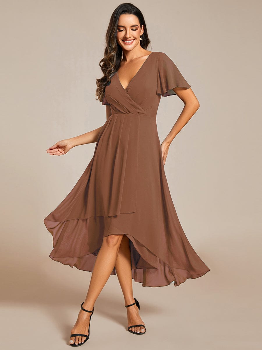 Custom Size Chiffon Elegance Short Sleeve High-Low Wedding Guest Dress #color_Brown