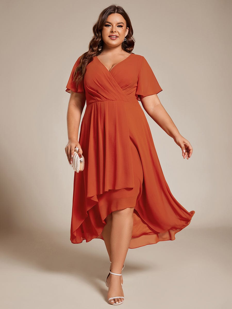 Chiffon Elegance Short Sleeve High-Low Wedding Guest Dress #color_Burnt Orange