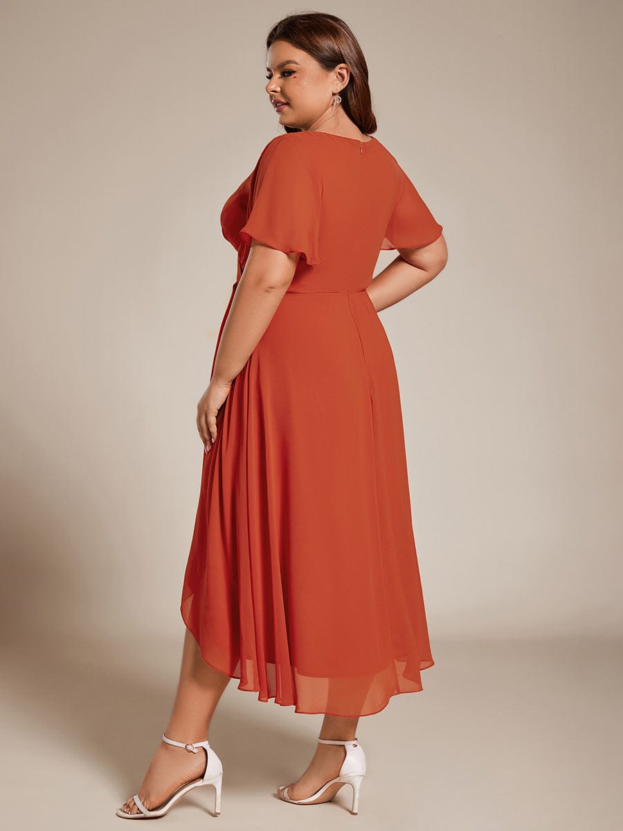 Custom Size Chiffon Elegance Short Sleeve High-Low Wedding Guest Dress #color_Burnt Orange