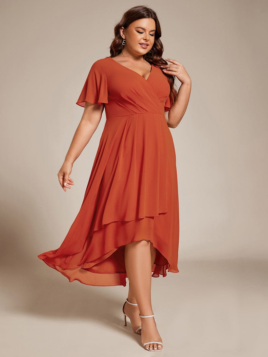 Plus Size Chiffon Short Sleeve High-Low Wedding Guest Dress #color_Burnt Orange