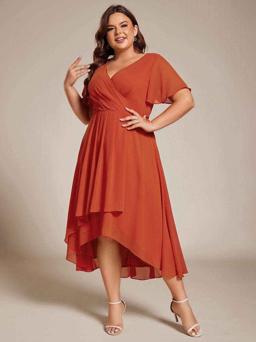 Plus Size Chiffon Short Sleeve High-Low Wedding Guest Dress #color_Burnt Orange