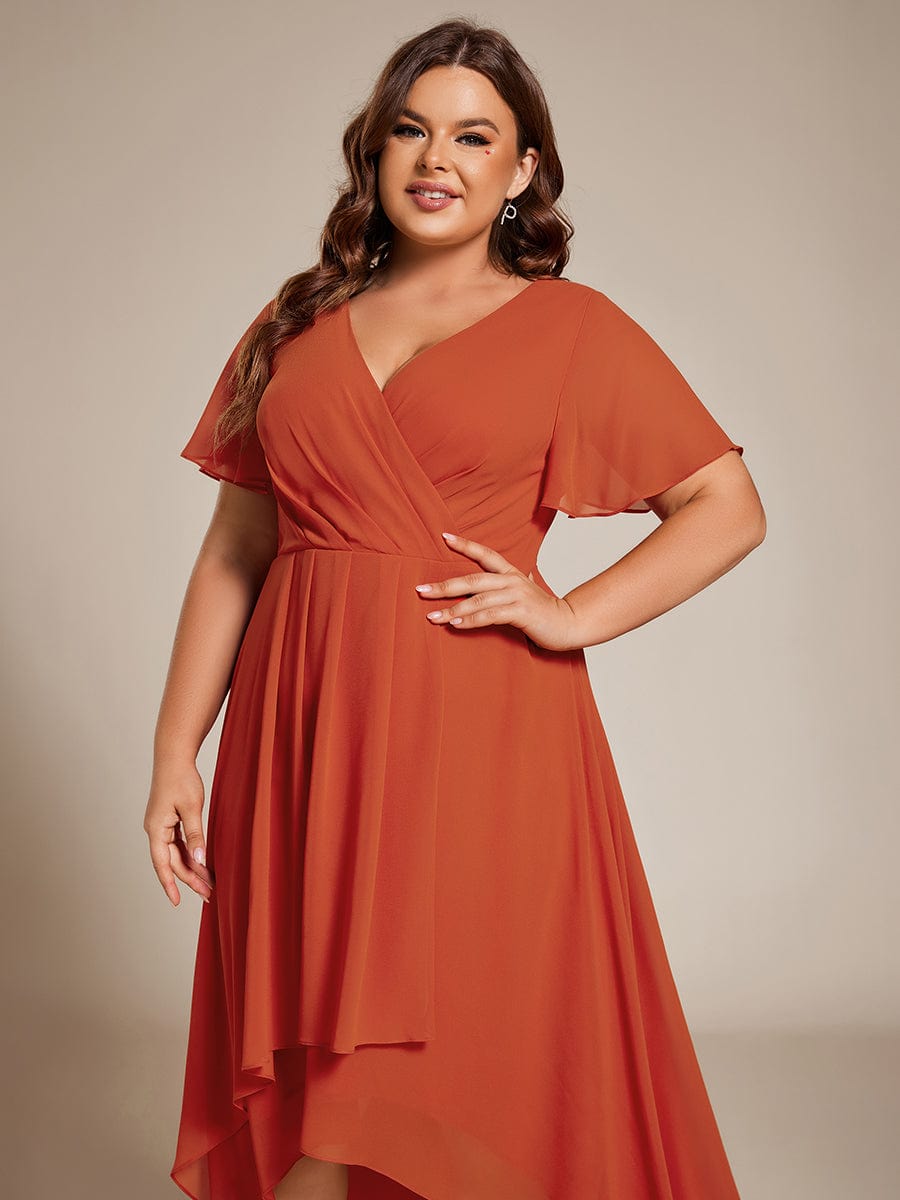 Chiffon Elegance Short Sleeve High-Low Wedding Guest Dress #color_Burnt Orange