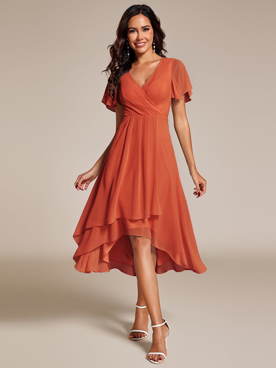 Chiffon Elegance Short Sleeve High-Low Wedding Guest Dress #color_Burnt Orange