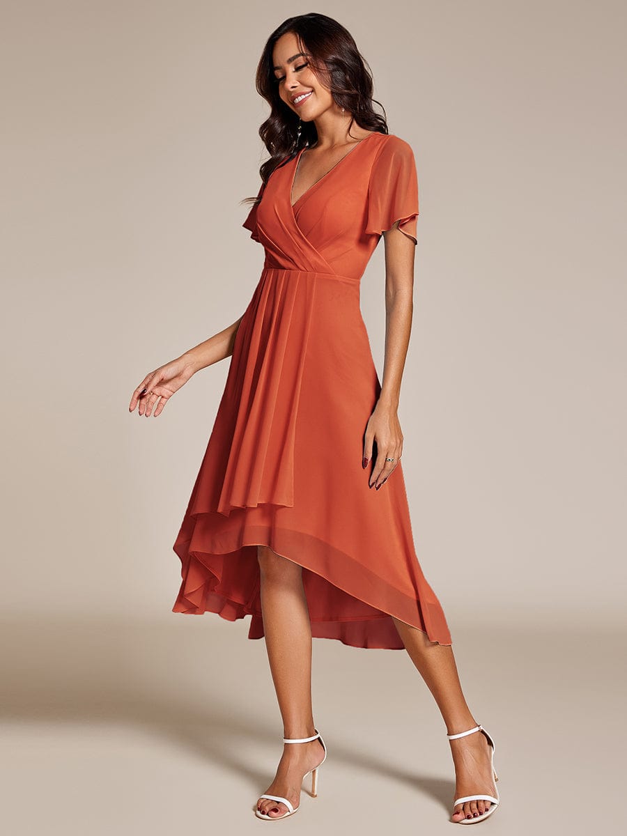 Custom Size Chiffon Elegance Short Sleeve High-Low Wedding Guest Dress #color_Burnt Orange