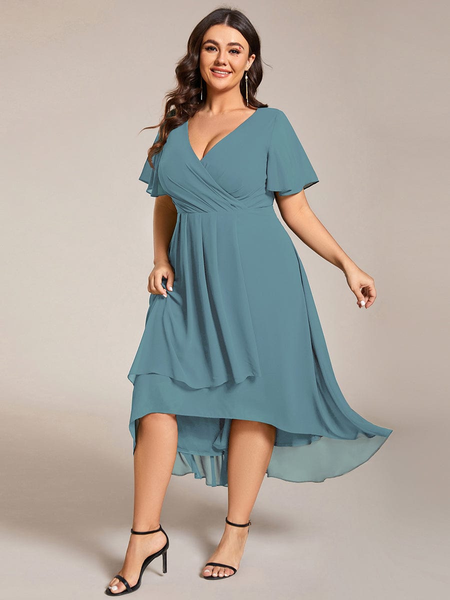 Plus Size Chiffon Short Sleeve High-Low Wedding Guest Dress #color_Dusty Blue