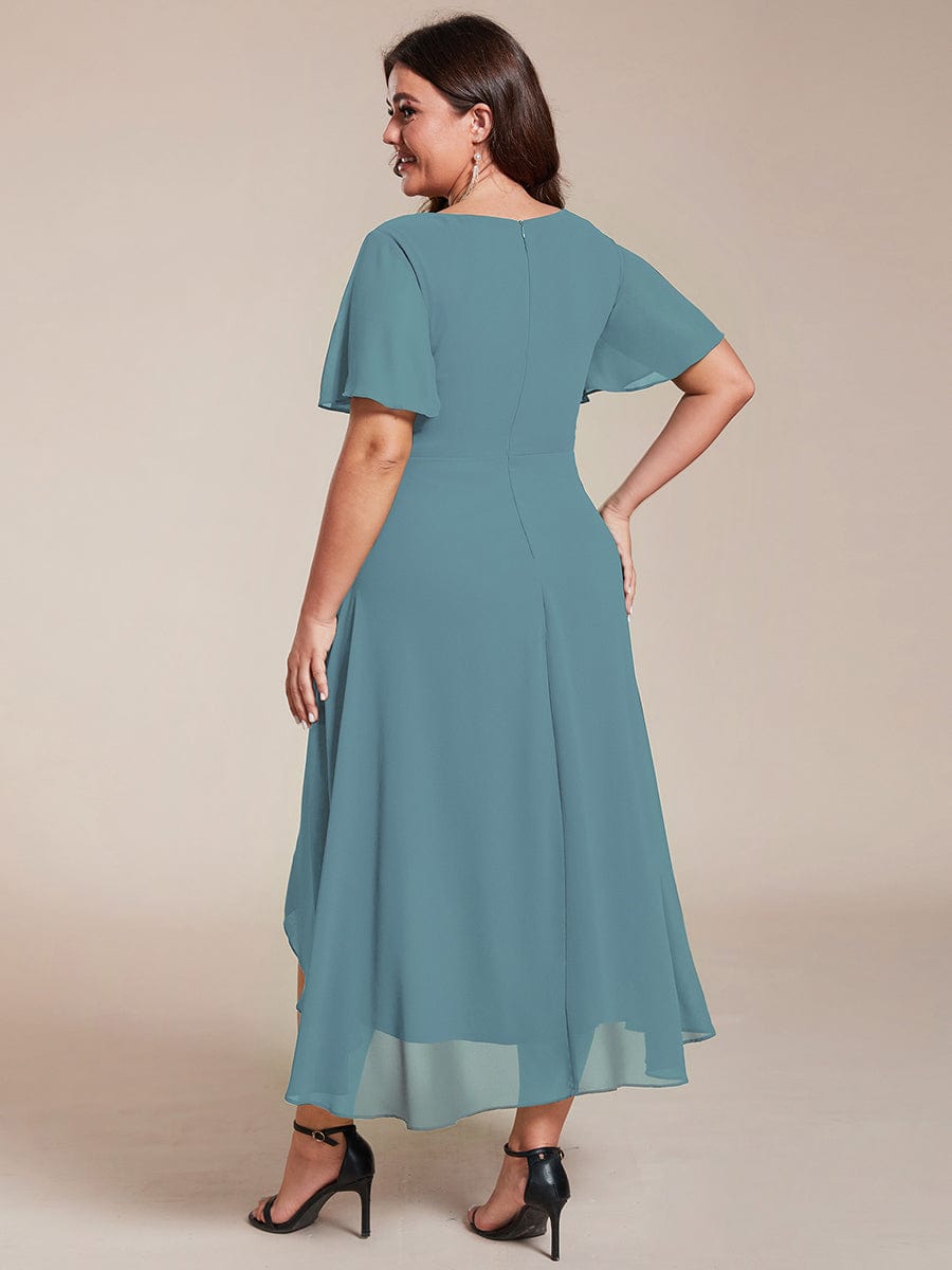 Chiffon Elegance Short Sleeve High-Low Wedding Guest Dress #color_Dusty Blue