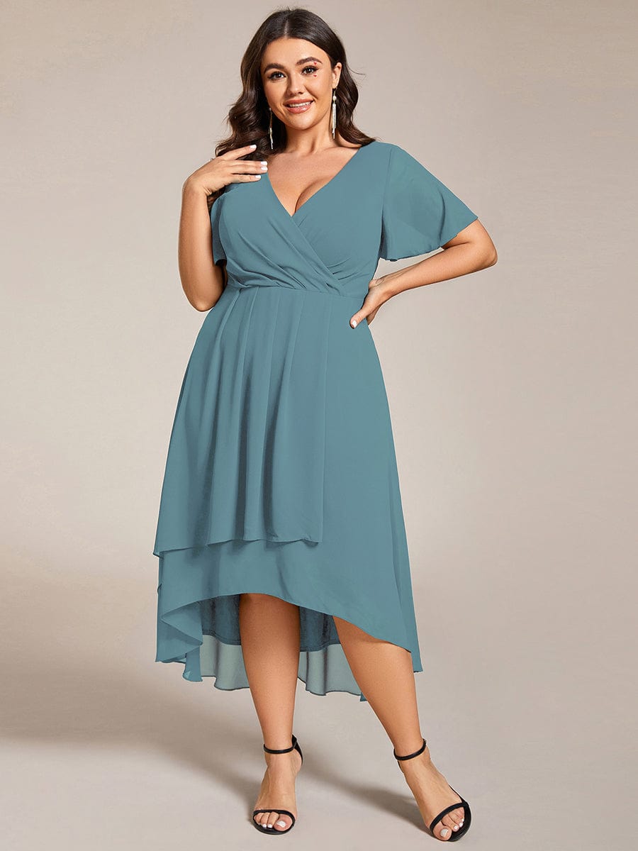 Chiffon Elegance Short Sleeve High-Low Wedding Guest Dress #color_Dusty Blue