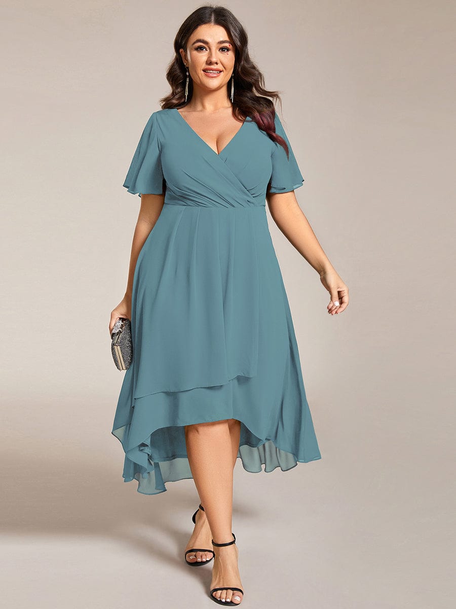 Plus Size Chiffon Short Sleeve High-Low Wedding Guest Dress #color_Dusty Blue