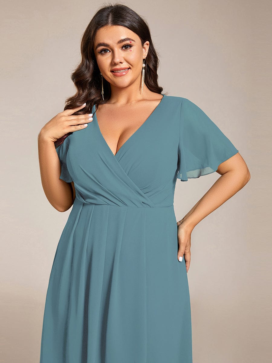 Chiffon Elegance Short Sleeve High-Low Wedding Guest Dress #color_Dusty Blue