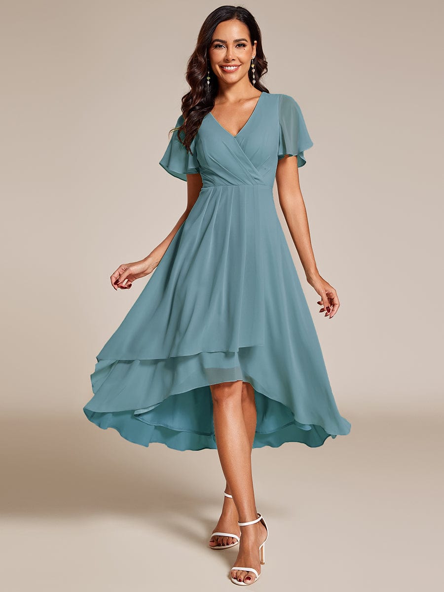 Chiffon Elegance Short Sleeve High-Low Wedding Guest Dress #color_Dusty Blue