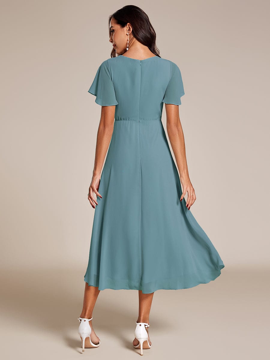 Chiffon Elegance Short Sleeve High-Low Wedding Guest Dress #color_Dusty Blue