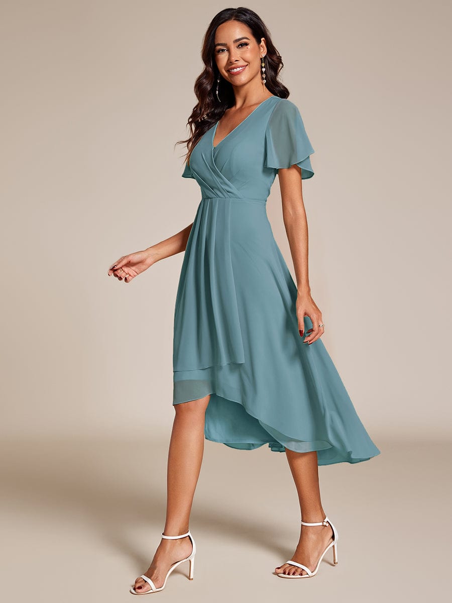 Chiffon Elegance Short Sleeve High-Low Wedding Guest Dress #color_Dusty Blue