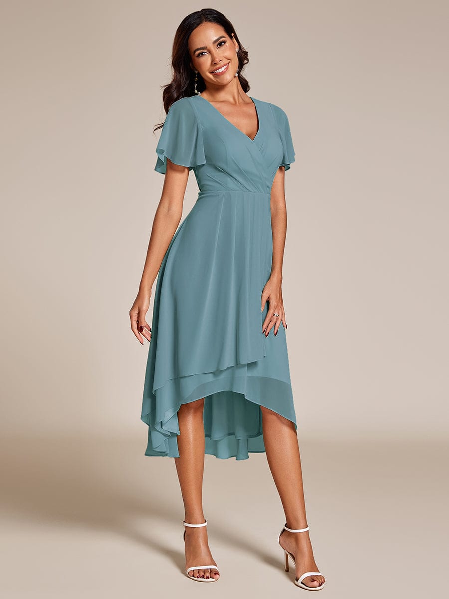 Chiffon Elegance Short Sleeve High-Low Wedding Guest Dress #color_Dusty Blue