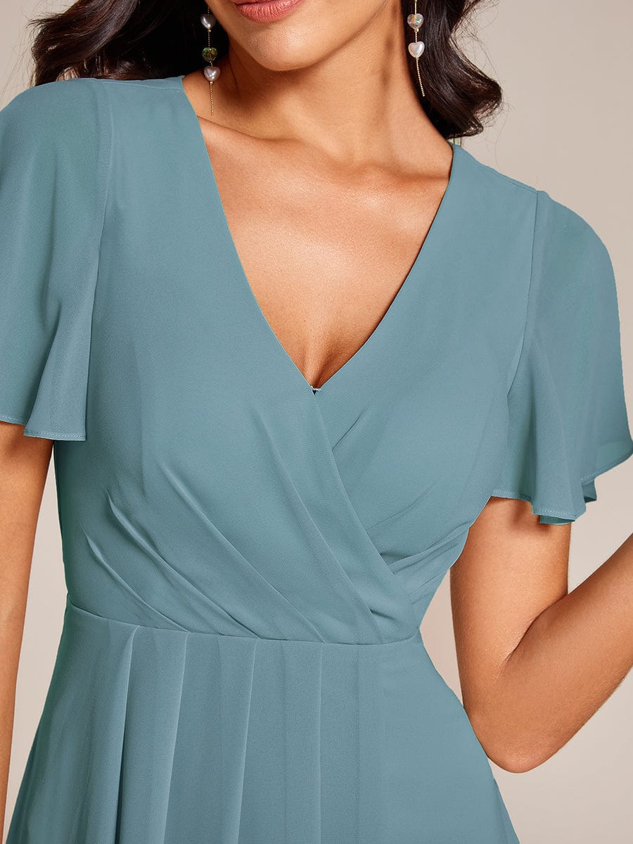 Chiffon Elegance Short Sleeve High-Low Wedding Guest Dress #color_Dusty Blue