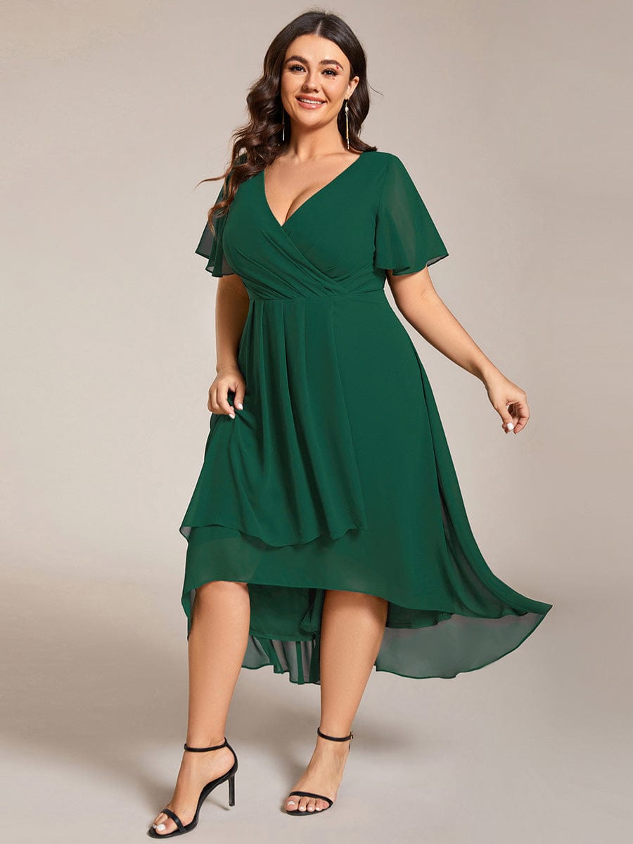 Chiffon Elegance Short Sleeve High-Low Wedding Guest Dress #color_Dark Green