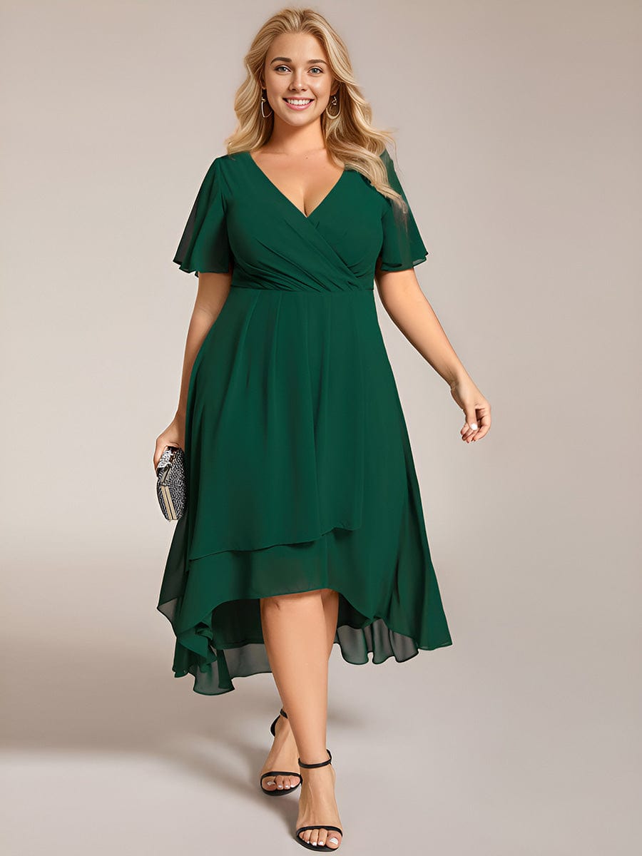 Chiffon Elegance Short Sleeve High-Low Wedding Guest Dress #color_Dark Green