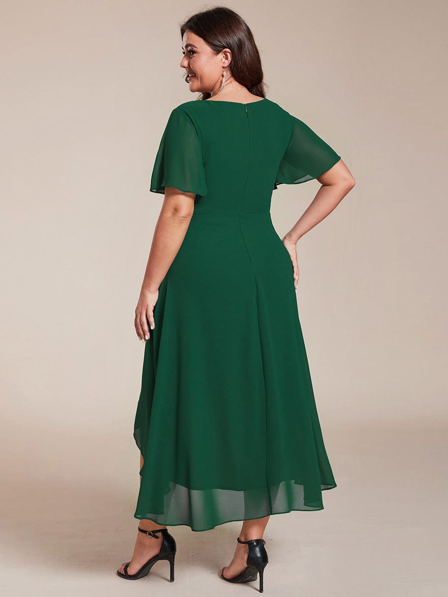 Chiffon Elegance Short Sleeve High-Low Wedding Guest Dress #color_Dark Green