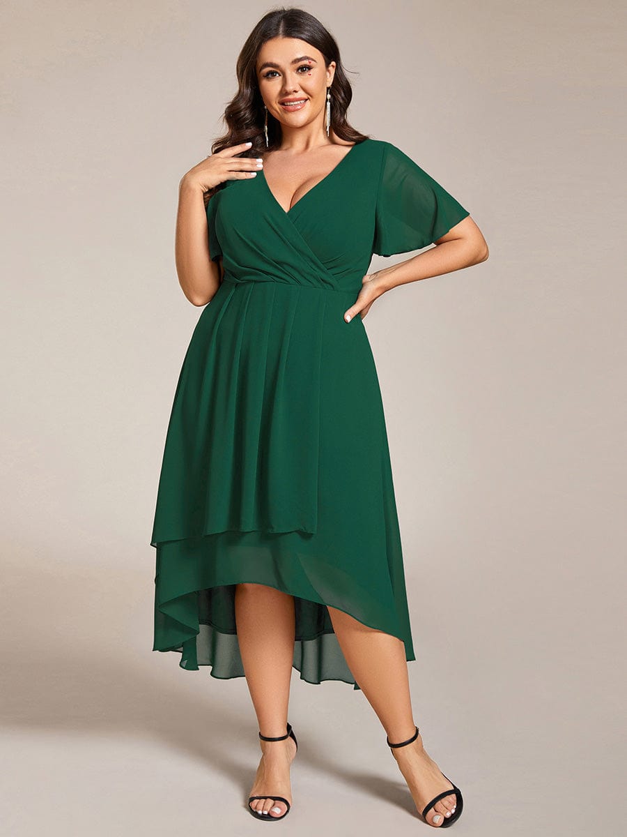 Chiffon Elegance Short Sleeve High-Low Wedding Guest Dress #color_Dark Green