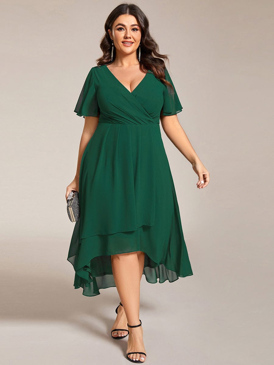 Chiffon Elegance Short Sleeve High-Low Wedding Guest Dress #color_Dark Green