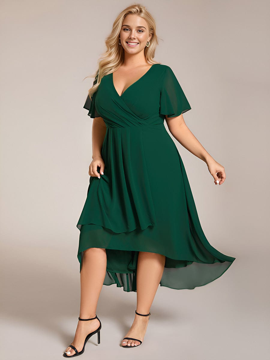 Plus Size Chiffon Short Sleeve High-Low Wedding Guest Dress #color_Dark Green