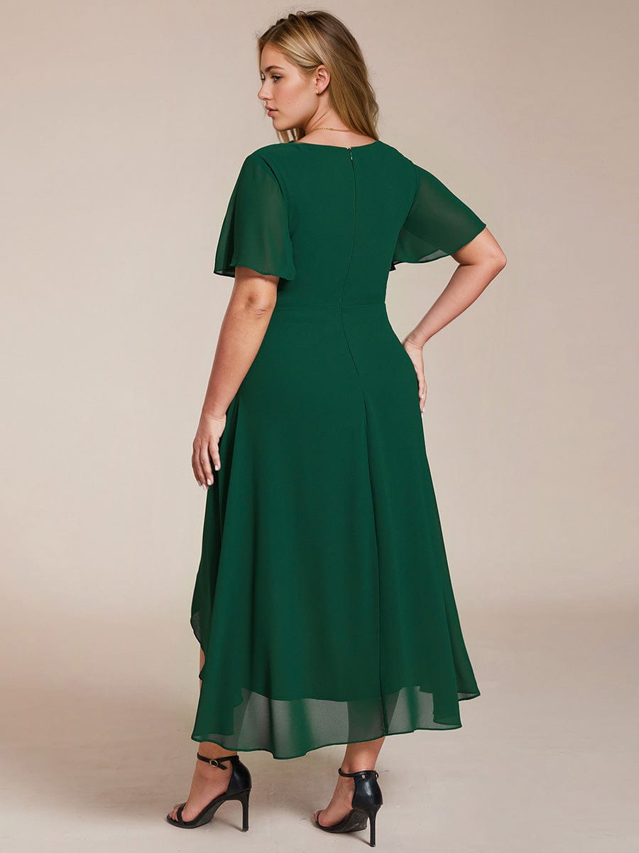 Custom Size Chiffon Elegance Short Sleeve High-Low Wedding Guest Dress #color_Dark Green