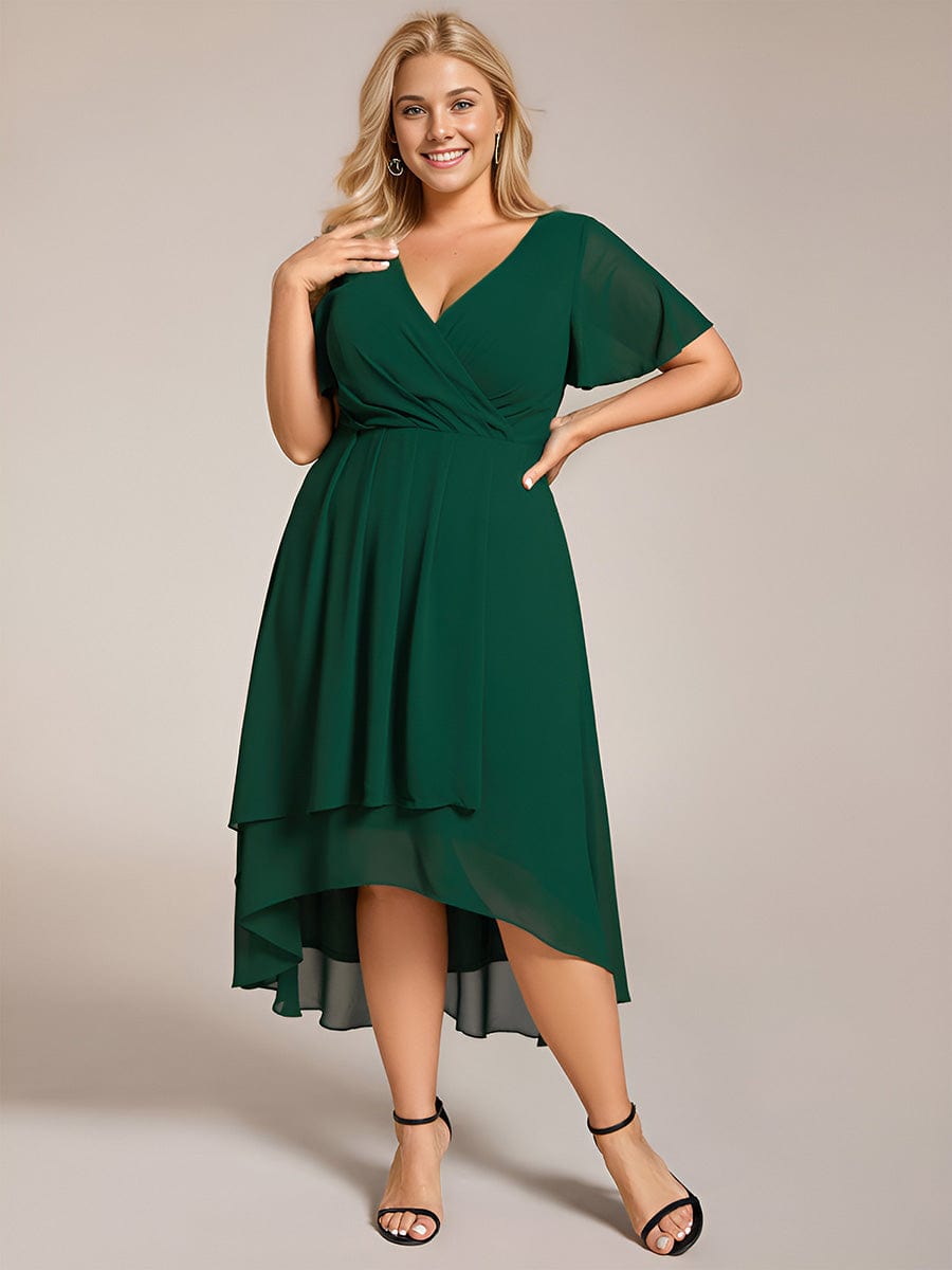 Plus Size Chiffon Short Sleeve High-Low Wedding Guest Dress #color_Dark Green