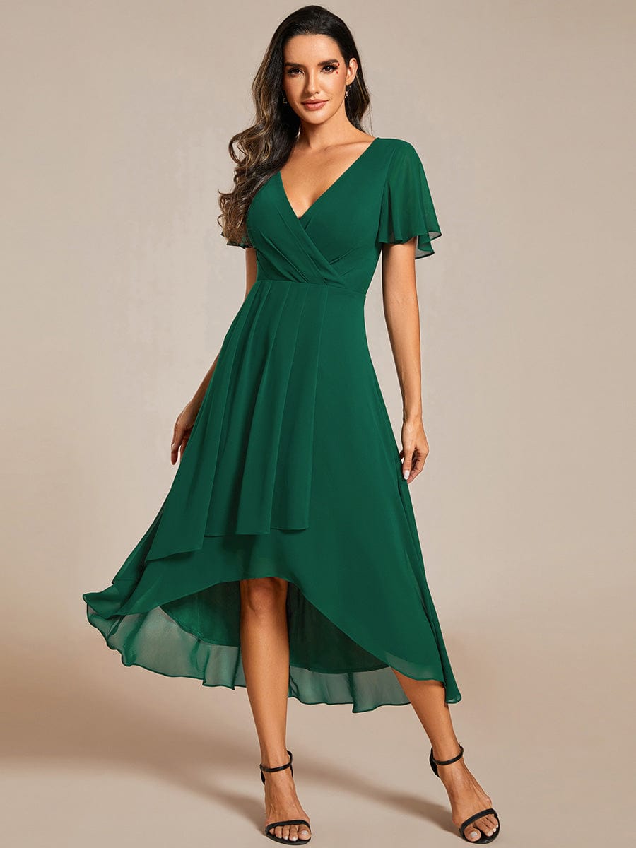 Chiffon Elegance Short Sleeve High-Low Wedding Guest Dress #color_Dark Green